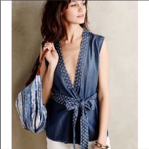 Anthropologie Holding Horses wrap chambray top L